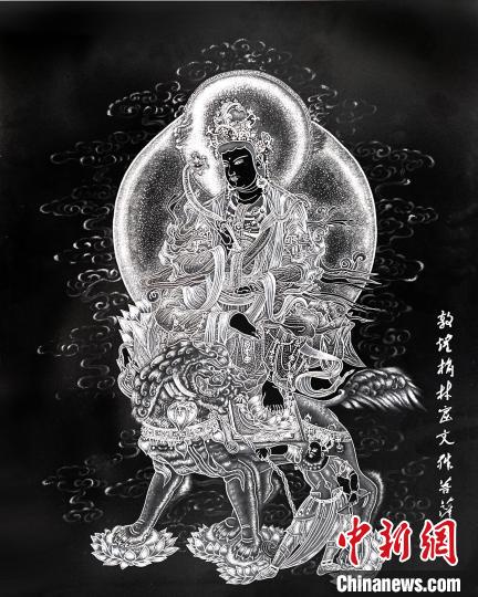 圖為朱增平創(chuàng)作的鍥金畫《敦煌榆林窟文殊菩薩》。(資料圖) 受訪者供圖