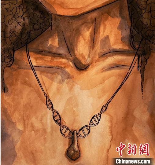 墜飾藝術再現(xiàn)圖，圖中吊墜繩為DNA螺旋樣式(圖片作者Myrthe Lucas)?！∈┢樟指瘛ぷ匀?供圖