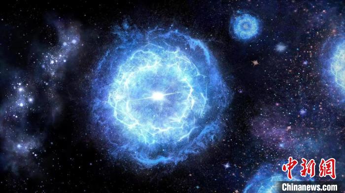 第一代超大質(zhì)量恒星演化成為“對不穩(wěn)定超新星”的藝術(shù)展示圖?！≈锌圃簢姨煳呐_ 供圖
