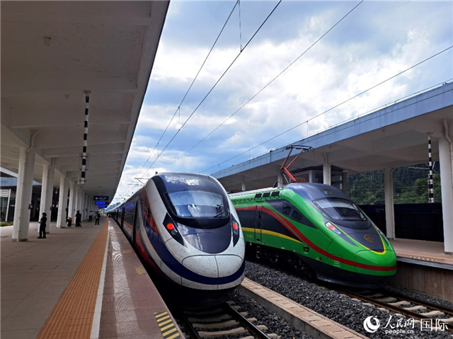 “復(fù)興號(hào)”和“瀾滄號(hào)”國(guó)際旅客列車?？吭诶蠐肽ザ≌?。人民網(wǎng) 杜明明攝