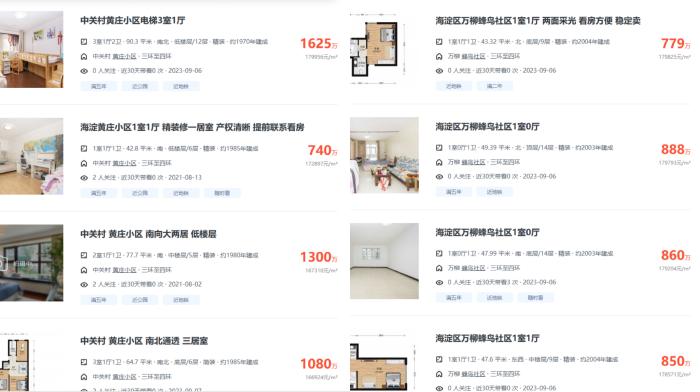 北京市海淀區(qū)部分高單價(jià)二手房源截圖。