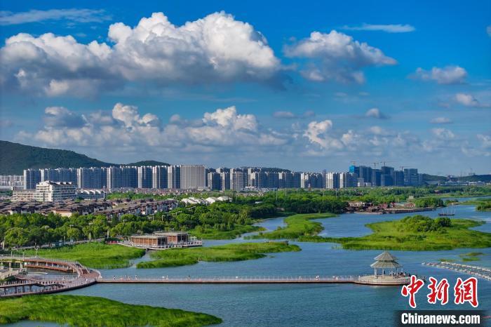 資料圖：航拍蘇州太湖湖濱國家濕地公園，藍(lán)天碧水生態(tài)美。 泱波 攝
