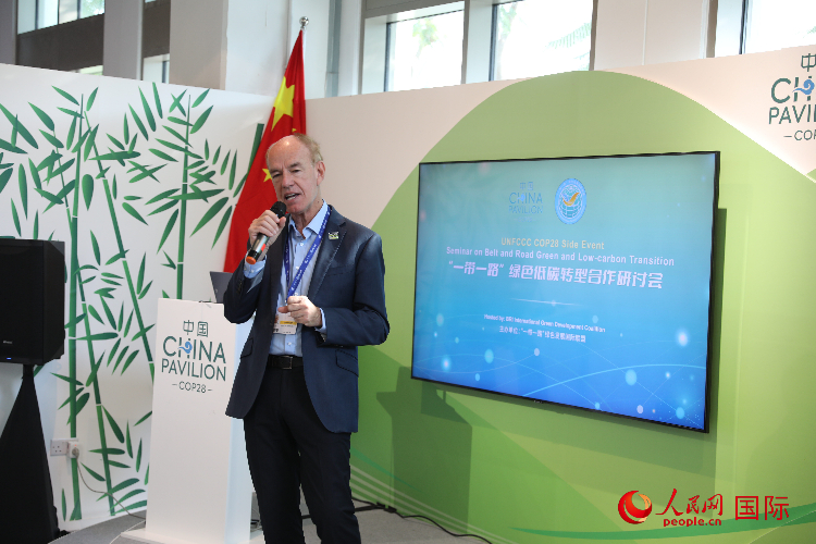 綠色聯(lián)盟聯(lián)合主席、世界自然基金會國際特使蘭博蒂尼在“一帶一路”綠色低碳轉(zhuǎn)型合作研討會上發(fā)言。人民網(wǎng)記者 張志文攝