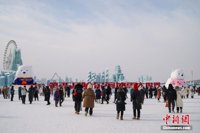 1月4日，第25屆哈爾濱冰雪大世界內(nèi)的冰雕吸引游客觀看。白天的冰雪大世界，游客仿佛置身現(xiàn)實(shí)版“冰雪奇緣”。<a target='_blank' href='/'><p  align=