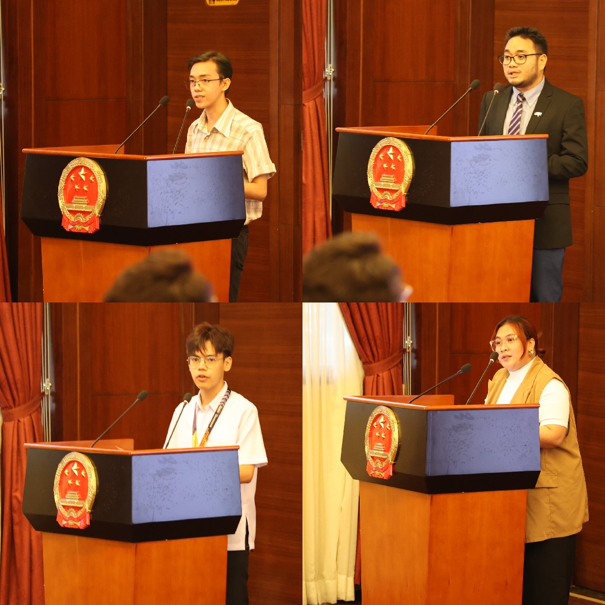 菲律賓大學(xué)、菲律賓師范大學(xué)的4位學(xué)生和校友代表現(xiàn)場發(fā)言向中方表示感謝并分享體會(huì)。駐菲律賓使館 供圖