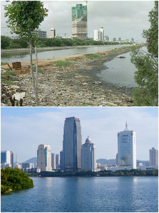 上圖：筼筜湖治理前資料圖。下圖：筼筜湖如今的美麗風(fēng)光。人民網(wǎng)記者 吳超嵐攝