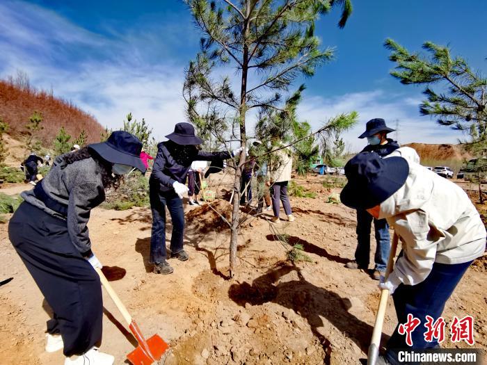 圖為西寧市城東區(qū)干部職工參加義務(wù)植樹?！?zhí)砀?攝