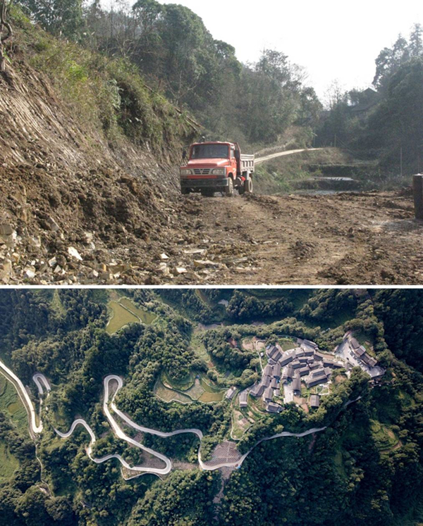 拼版照片：上圖為2011年12月拍攝的湖南省湘西土家族苗族自治州花垣縣十八洞村進(jìn)村道路；下圖為2019年9月拍攝的十八洞村及進(jìn)村道路。