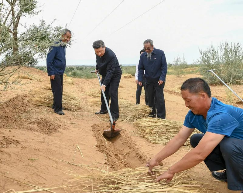 2019年8月21日，習(xí)近平來(lái)到甘肅省武威市古浪縣八步沙林場(chǎng)，實(shí)地察看當(dāng)?shù)刂紊吃炝帧⑸鷳B(tài)保護(hù)等情況。新華社記者 謝環(huán)馳 攝