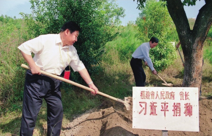 2001年10月，習(xí)近平在龍巖市長(zhǎng)汀縣調(diào)研水土流失治理工作，在河田世紀(jì)生態(tài)園為樹培土。圖源：《習(xí)近平在福建（下）》