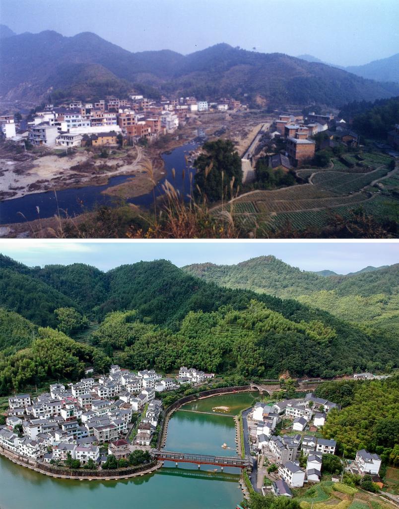 圖為浙江省杭州市淳安縣楓樹嶺鎮(zhèn)下姜村拼版圖，其中上圖為資料照片、下圖由新華社記者張鋮攝。