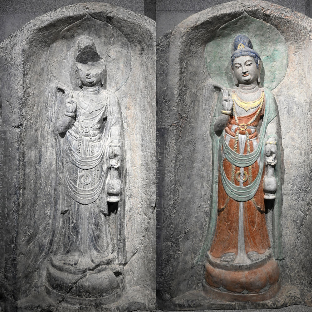 左圖為龍門石窟萬佛洞窟前南壁菩薩造像的3D打印模型；右圖為利用數(shù)字化技術(shù)復(fù)原后的3D打印模型（2025年4月10日攝，拼版照片）。復(fù)原后的像龕精妙絕倫，栩栩如生，被游客譽(yù)為“龍門最美菩薩”。圖片來源新華社