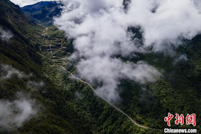 西藏山南勒布溝景區(qū)的盤山公路被云霧環(huán)繞。　江飛波 攝