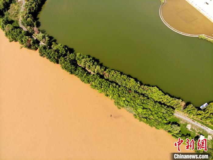 圖為2020年9月3日航拍黃河蘭州段濕地公園現(xiàn)黃河“鴛鴦鍋”。(資料圖) 高瑩 攝
