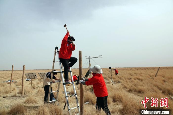 格爾木濕地站建設(shè)過程中，第二次青藏科考中科院空天院分隊隊員揮錘安裝防護(hù)欄?！?lt;a target='_blank' href='/'><p  align=