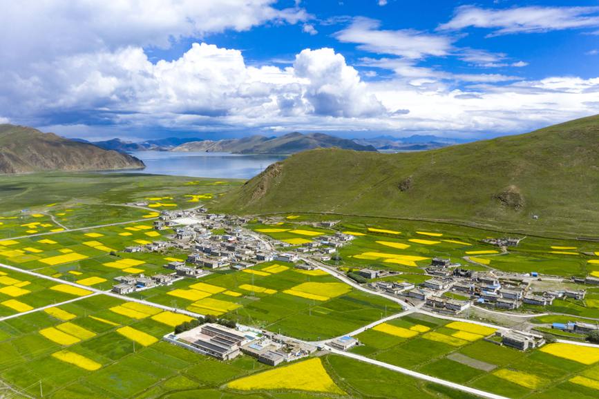 航拍道布龍村，依山傍水，阡陌縱橫。